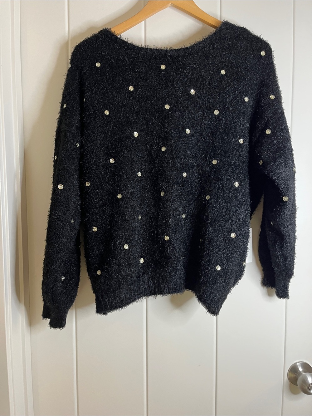 Eloquii Black Faux-Fur Knit Sweater with Pearl Accents